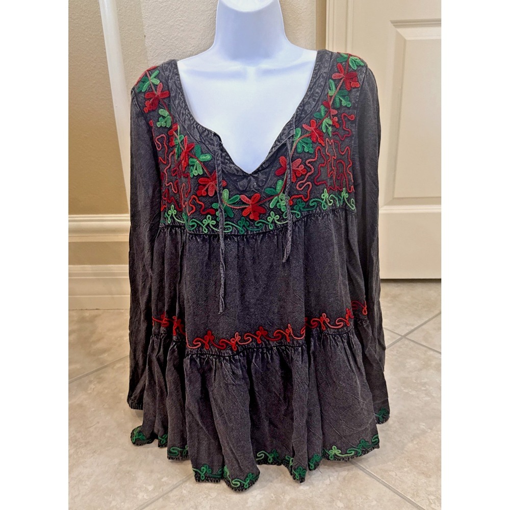 NWT Sacred Threads Sz L /XL Black Floral Embroidered Boho Hippie Flowing Peplin